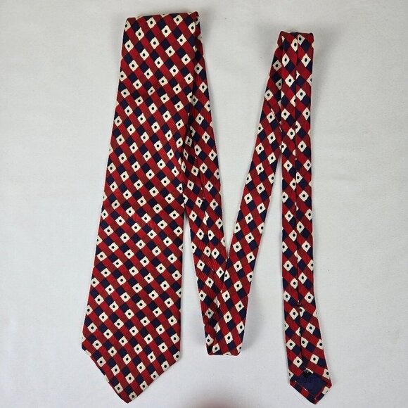 Liberty of London 100% Silk Men's Tie red Blue Cream Diamonds and Polka Dots - Picture 2 of 7